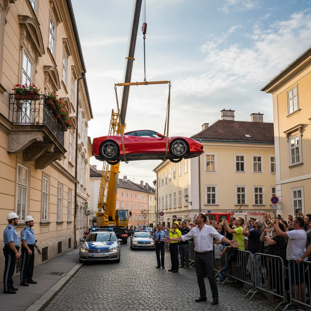 Austriac forțat să dea jos un Ferrari de pe balcon, după sesizarea vecinilor către autorități