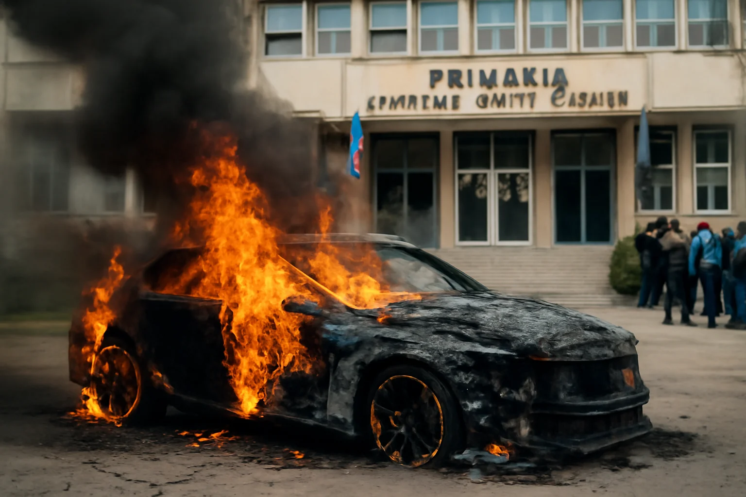 Autoturism de lux cuprins de flăcări în fața Primăriei Drobeta Turnu-Severin