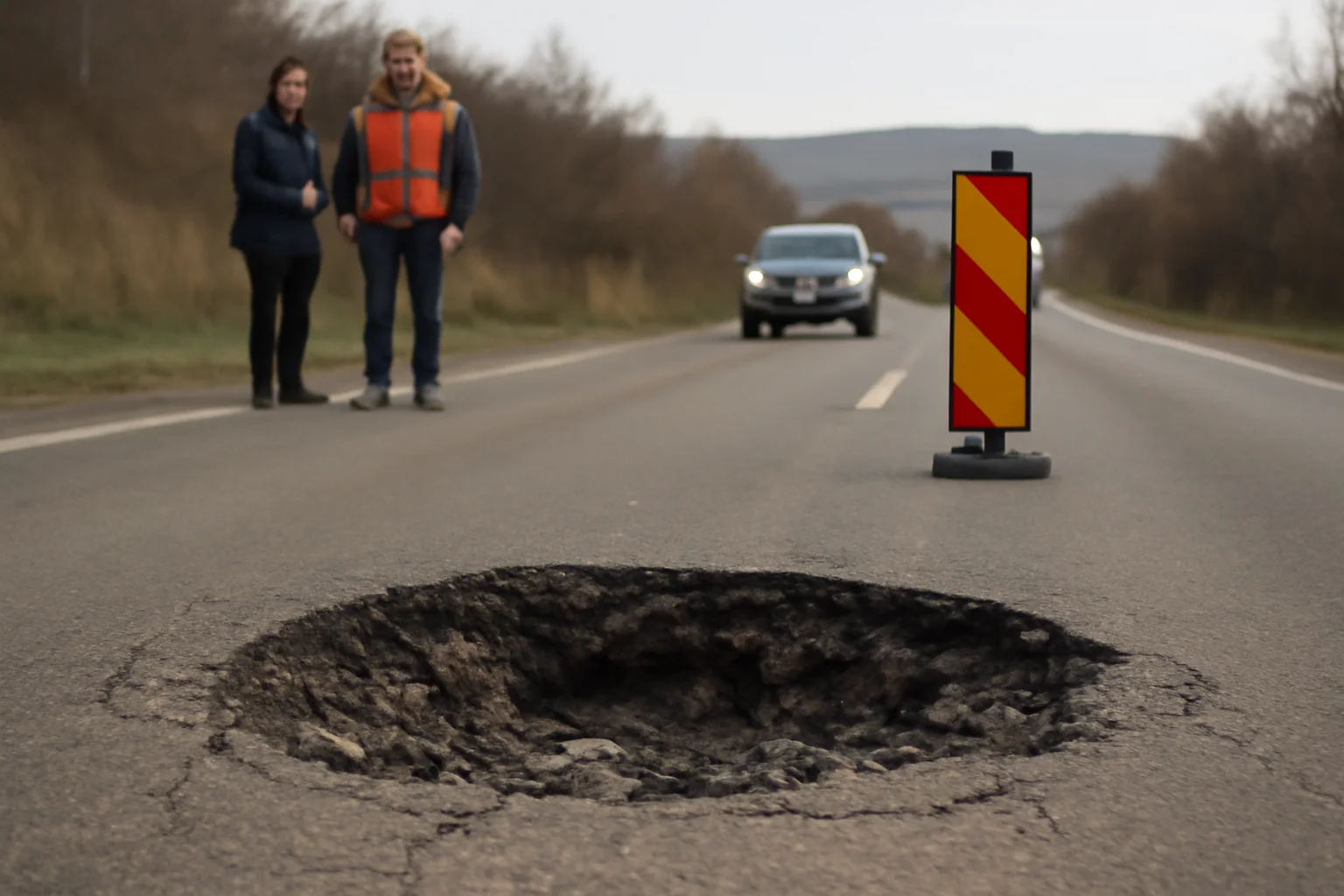 Crater în asfalt pe DN 56A la Drobeta Turnu-Severin: circulație restricționată în zona Dealul Stârmina