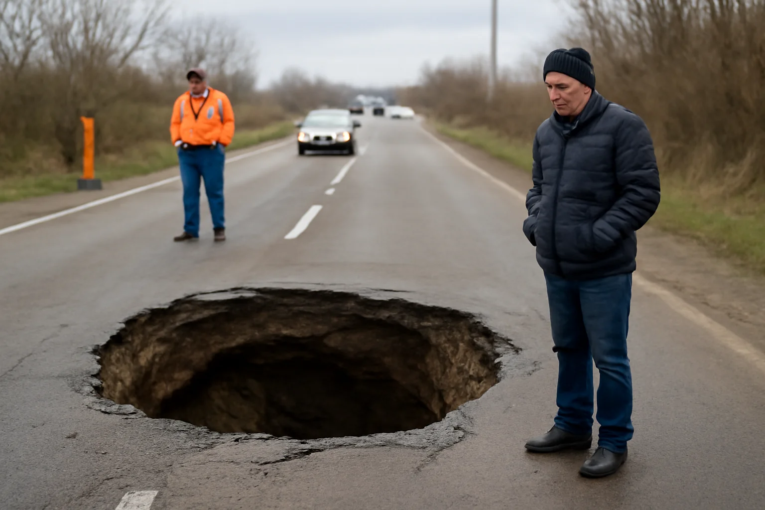 Crater în asfalt pe DN 56A, lângă Drobeta-Turnu-Severin: trafic cu restricții