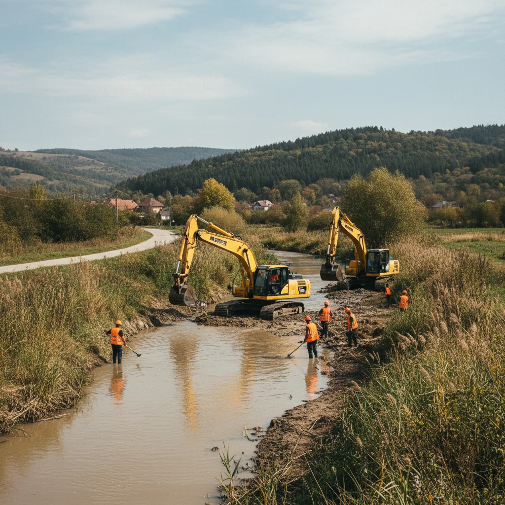 Decolmatarea pârâului Hușnița îmbunătățește prevenția la Strehaia