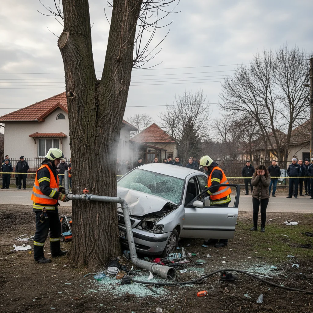 Mașină intră în copac și în conductă de gaz