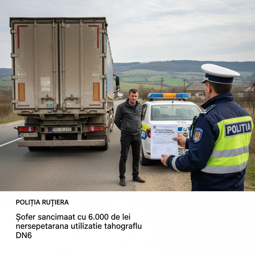 Șofer amendat cu 6.000 de lei pe DN6 pentru neutilizarea corectă a tahografului