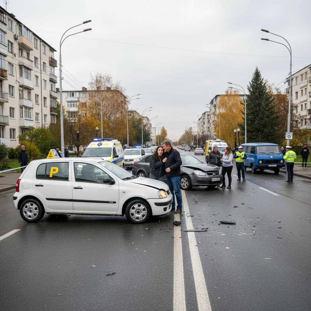 Șoferiță începătoare implicată într-un accident cu trei vehicule