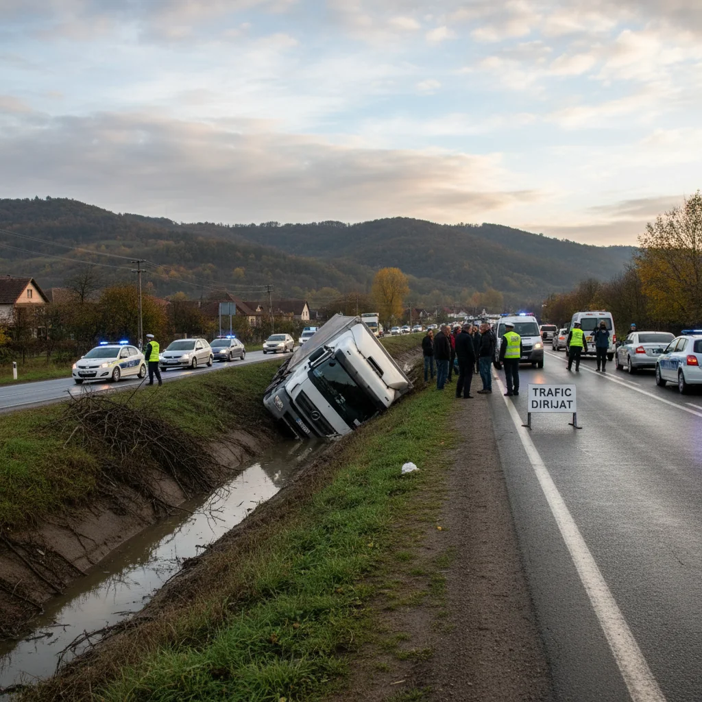 Trafic dirijat pe DN6 la Șimian, lângă Drobeta Turnu-Severin, după ieșirea unui autocamion în șanț